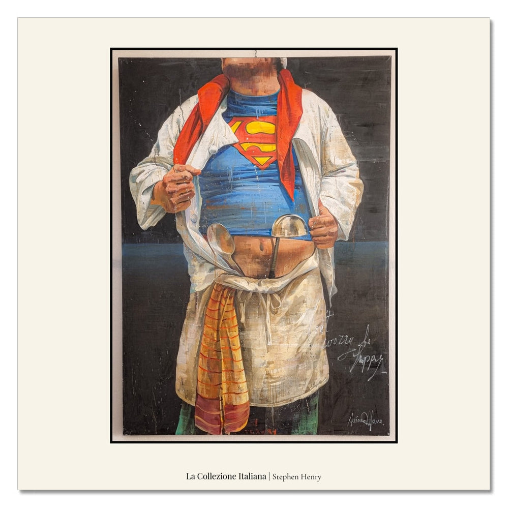 Fine art travel photograph of street art of Superman the pasta chef in Ravello, Italy, part of the La Collezione Italiana wall art collection.