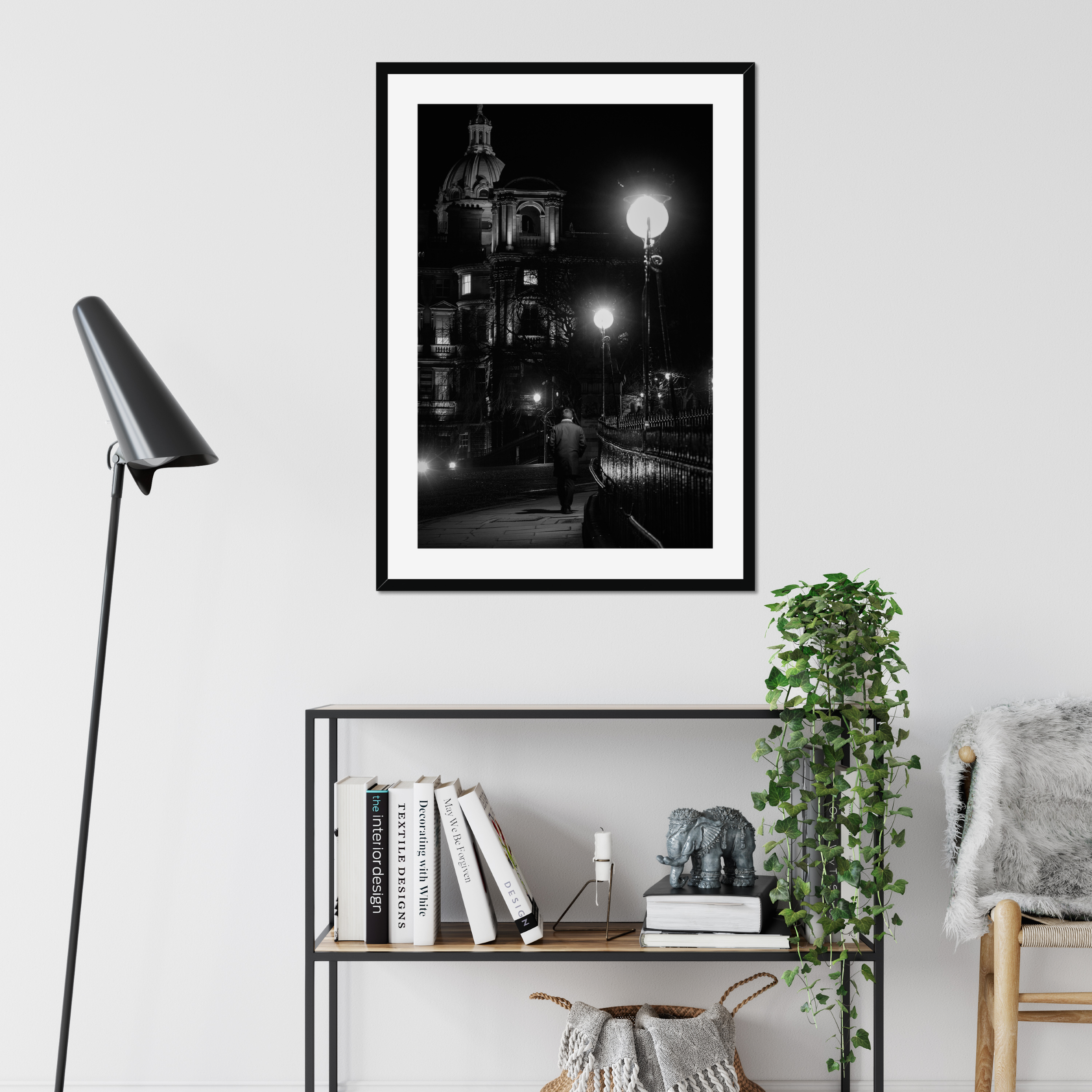 Mock up of atmospheric fine art photography of Bank Street, Edinburgh. A study in light, shadow and historic architecture from the Light & Shadow collection.