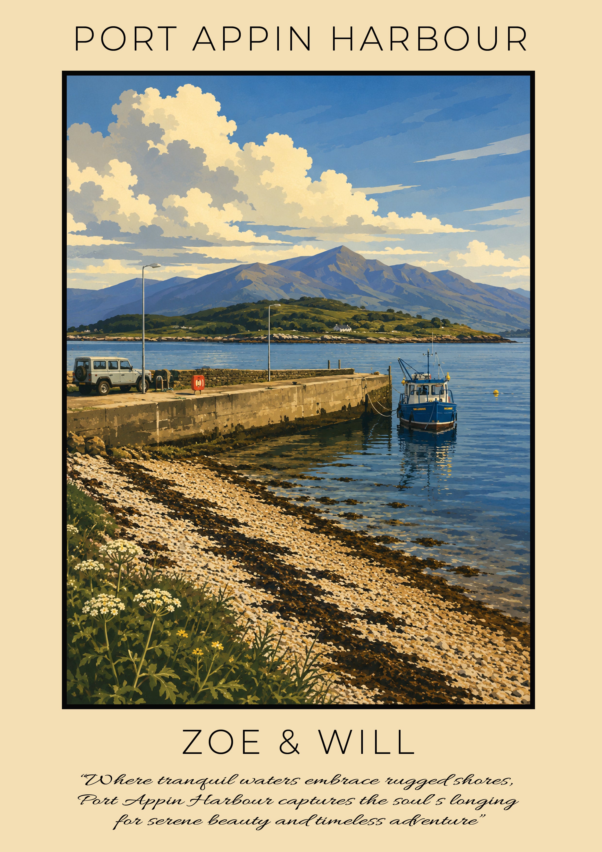 A commissioned travel poster for Port Appin Harbour, featuring a scenic illustration of the pier with Lismore ferry and Lismore in the background.
The commission was for a couple who got engaged at Port Appin and was a wedding present.