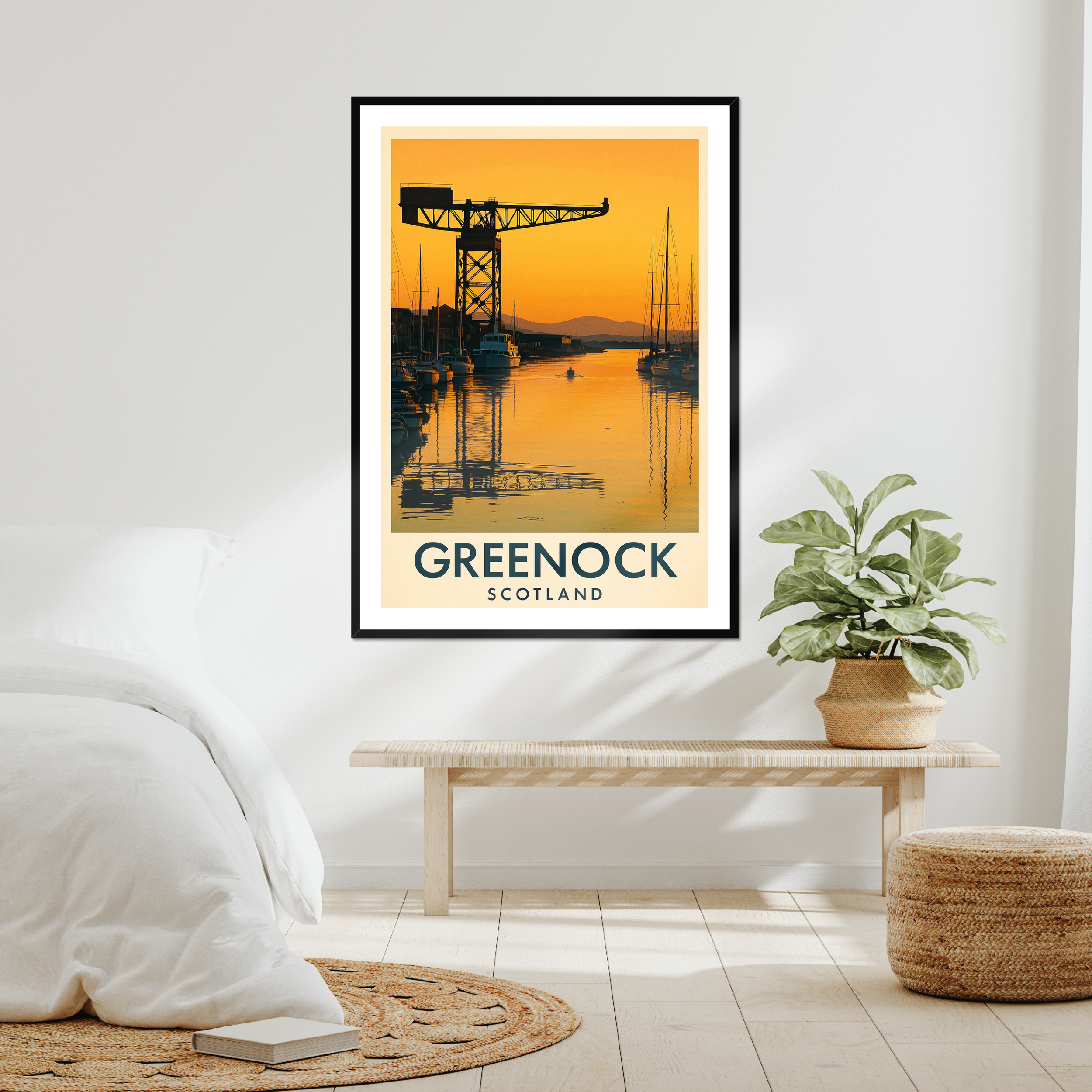 A framed mock up of the Golden Hour at Titan vintage travel poster showing the iconic Titan Crane overlooking James Watt Dock Marina in Greenock during golden hour.