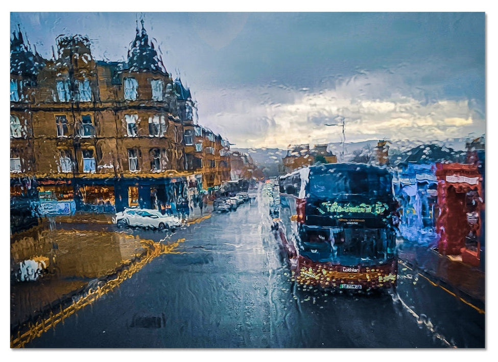 Morningside, Edinburgh seen through rain-streaked glass, captured in atmospheric light in this fine art photography print from the Light & Shadow collection.