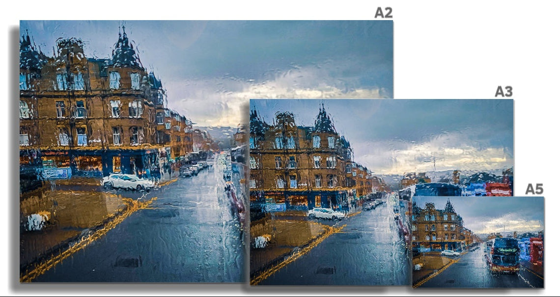 Morningside, Edinburgh seen through rain-streaked glass, captured in atmospheric light in this fine art photography print from the Light & Shadow collection.