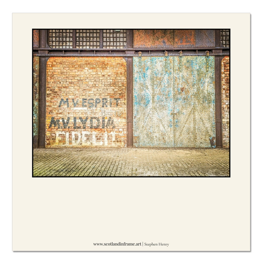 Contemporary photograph of one of the doors into the old Sugar Sheds, at James Watt Dock in Greenock.