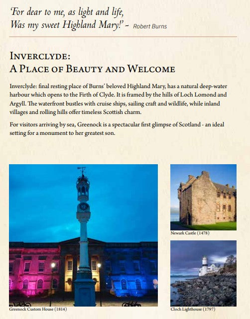 Promotional text about Inverclyde with scenic images of Greenock Town House, Newark Castle, and Cloch Lighthouse for a website and brochure for the Burns Mother Club.
