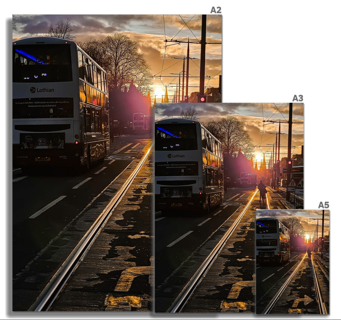 Edinburgh Princes Street tramlines at sunset with golden light reflecting on wet streets, fine art photography print.