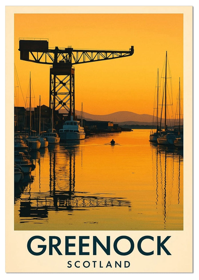 Golden Hour at Titan vintage travel poster showing the iconic Titan Crane overlooking James Watt Dock Marina in Greenock during golden hour.