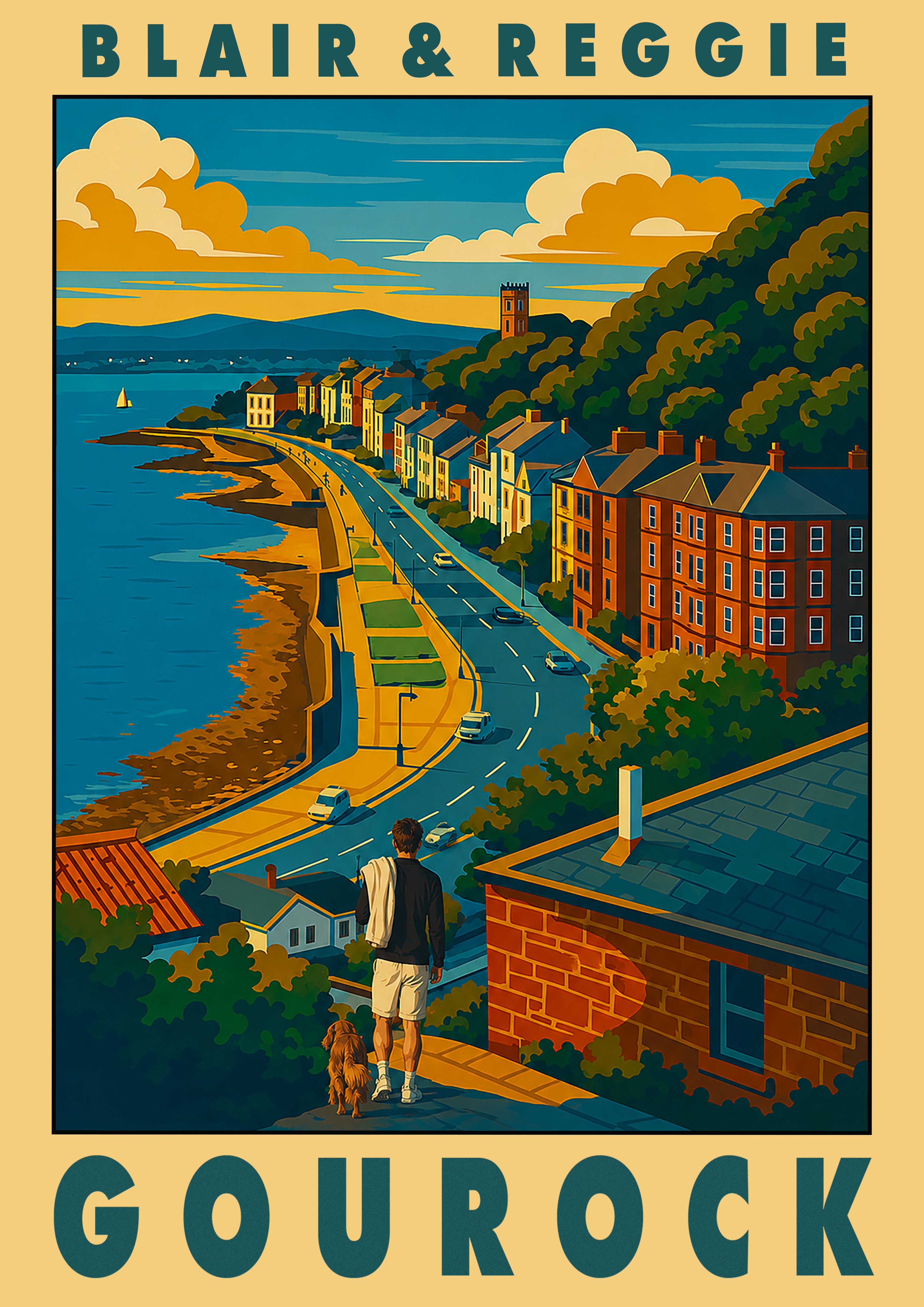 A customised travel poster for Gourock featuring the coastal town scene with a road running along the shoreline, buildings, hills, and a man walking with a dog.