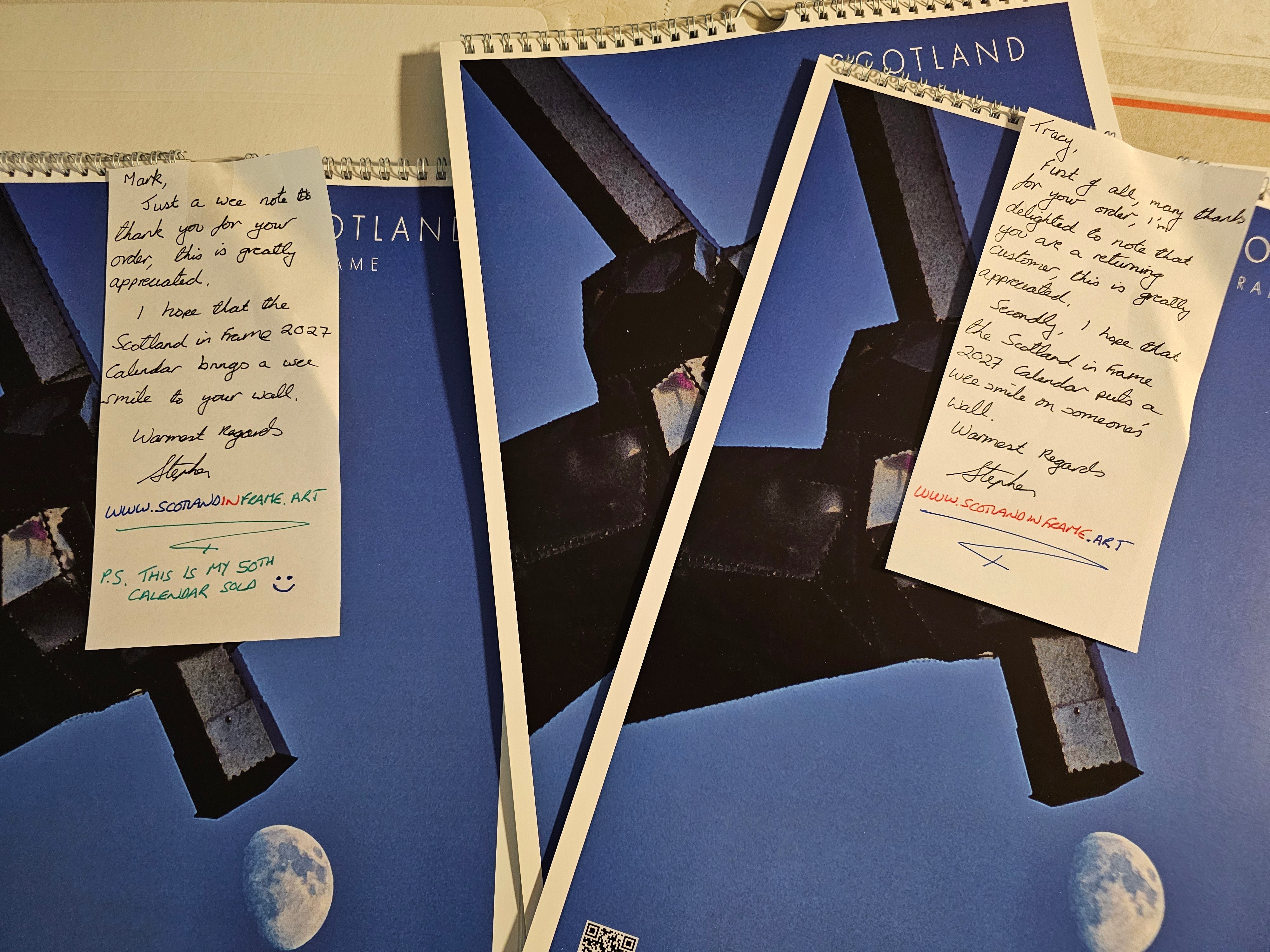 All manual orders from Scotland in Frame will have a wee hand written thank you note as part of the fulfilment process.
