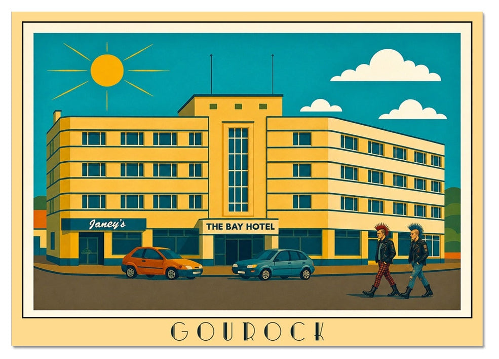 Vintage travel poster of Janey's at The Bay Hotel in Gourock, celebrating the iconic Art Deco building and a much-loved Inverclyde landmark.