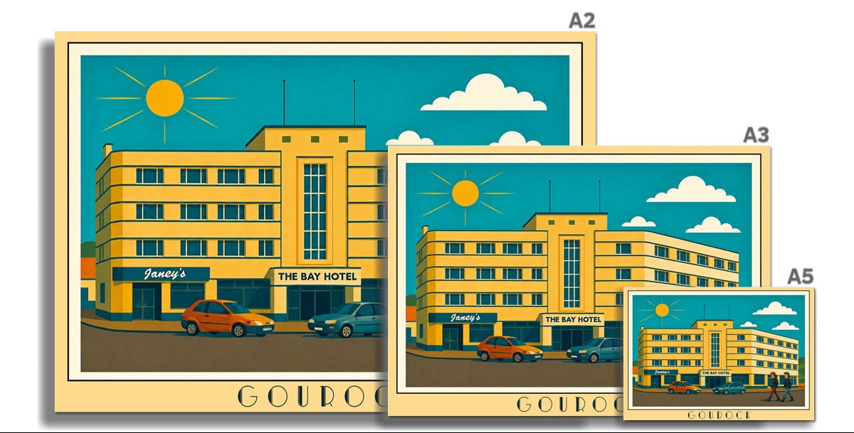 Vintage travel poster of Janey's at The Bay Hotel in Gourock, celebrating the iconic Art Deco building and a much-loved Inverclyde landmark.