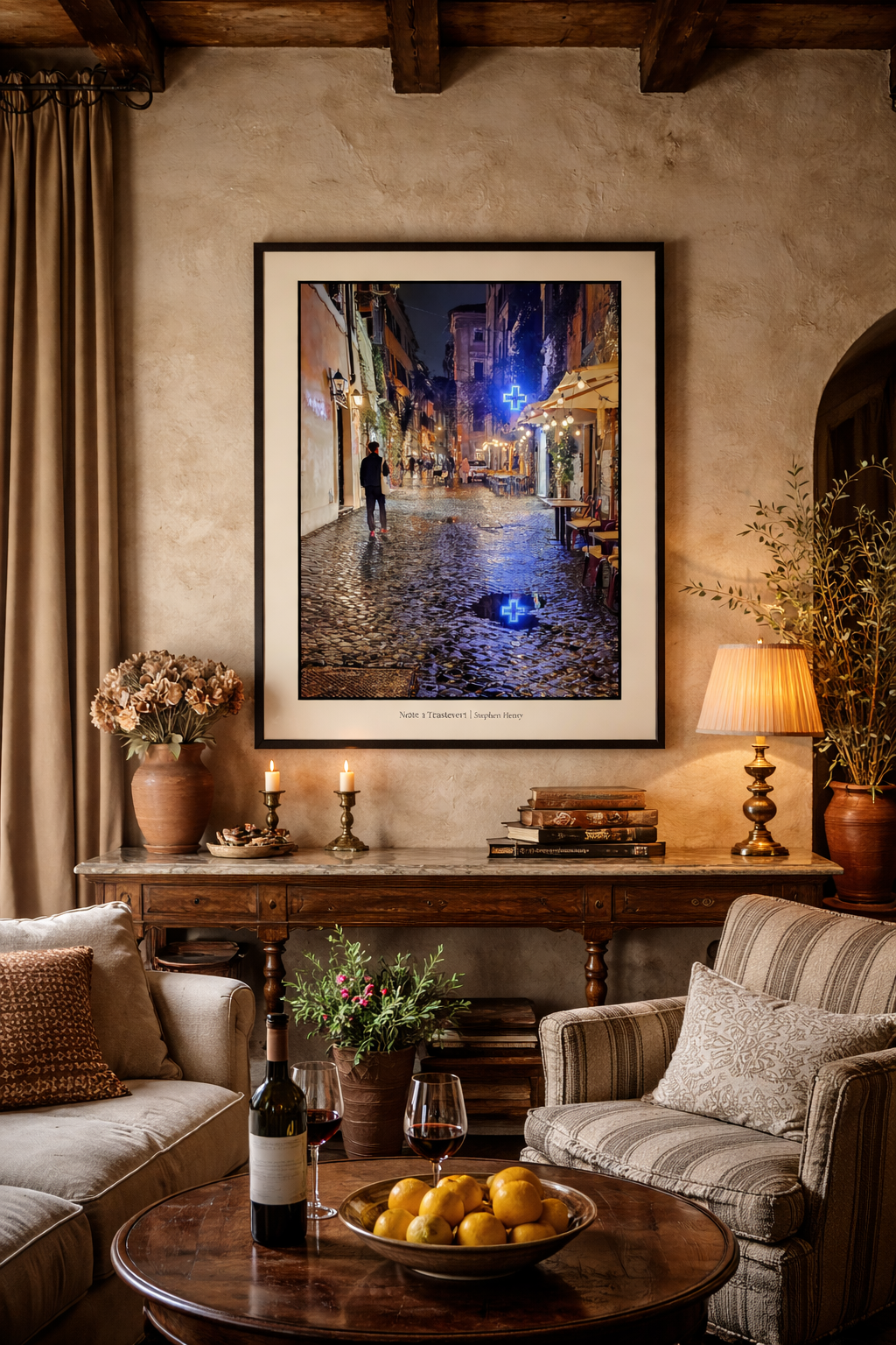 Mock up of Notte a Trastevere - Fine art travel photograph of a side street in Trastevere, Rome, Italy, part of  La Collezione Italiana.