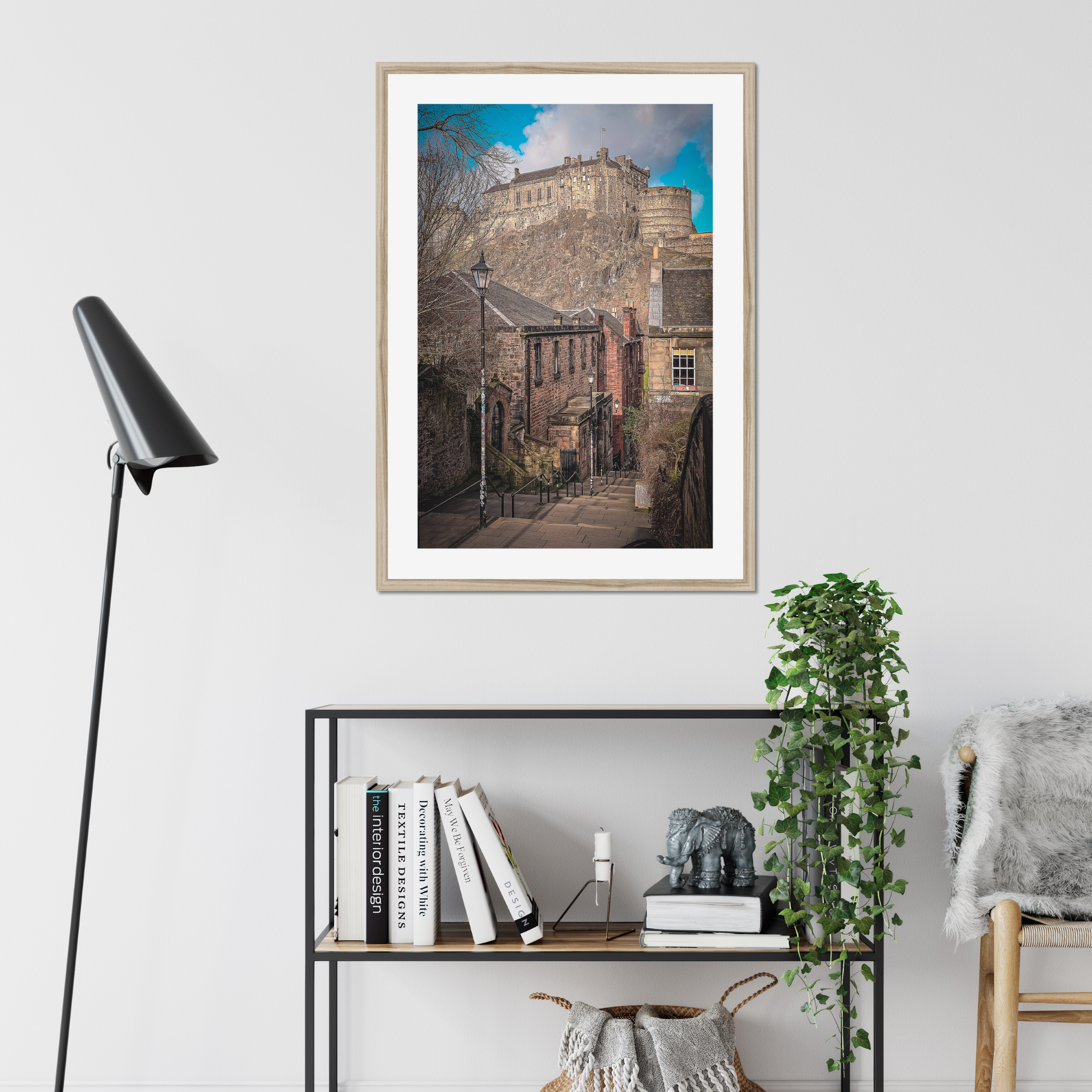 The Vennel, Edinburgh with the iconic Castle rising beyond, captured in atmospheric light for this fine art photography print from the Light &amp; Shadow collection.