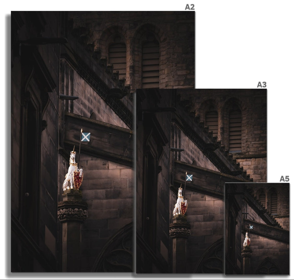 The unicorn sculpture beside St Giles’ Cathedral on Edinburgh’s Royal Mile, captured in atmospheric fine art photography from the Light & Shadow collection.