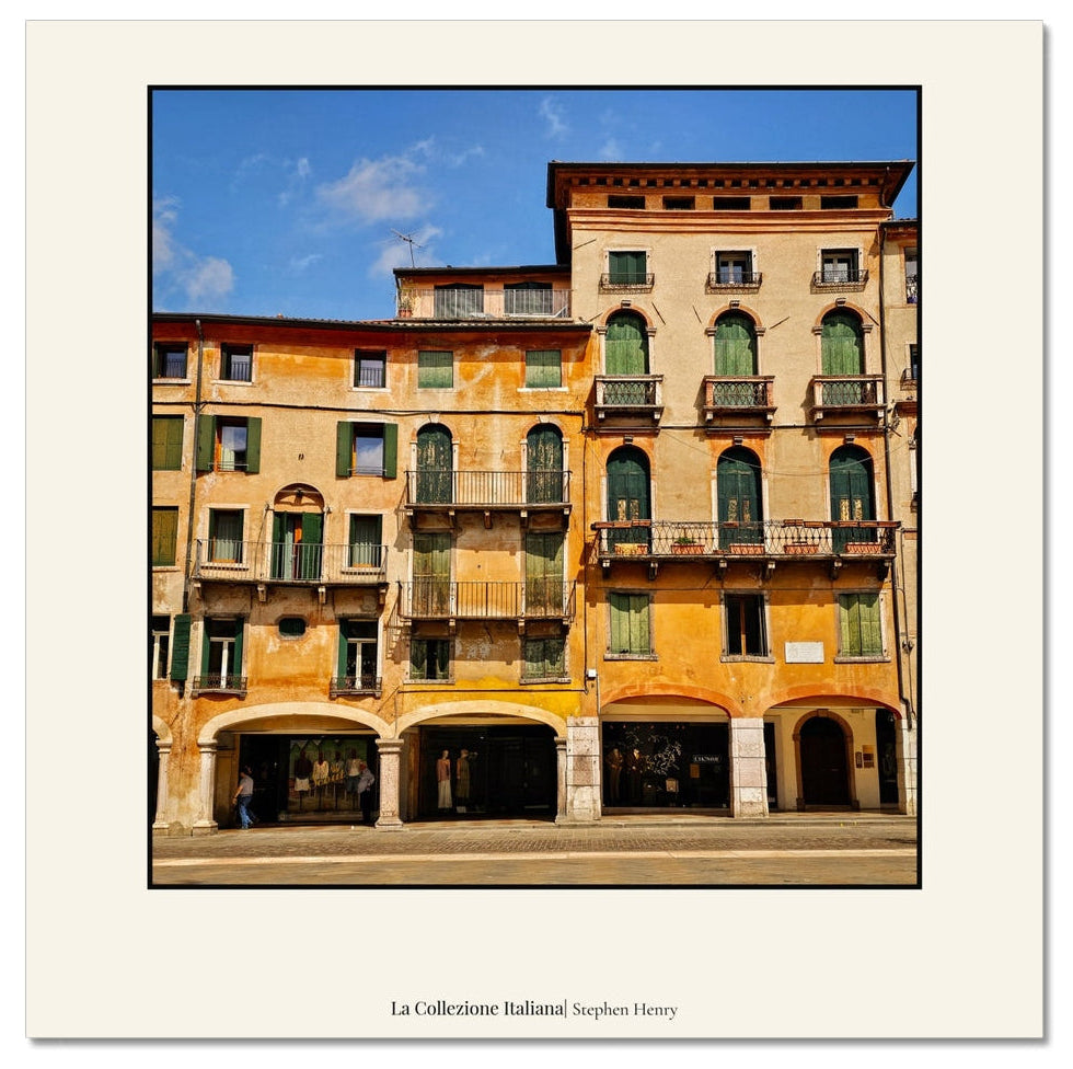 Fine art travel photograph of buildings in the Piazza in Bassano del Grappa, Italy, part of the La Collezione Italiana wall art collection.